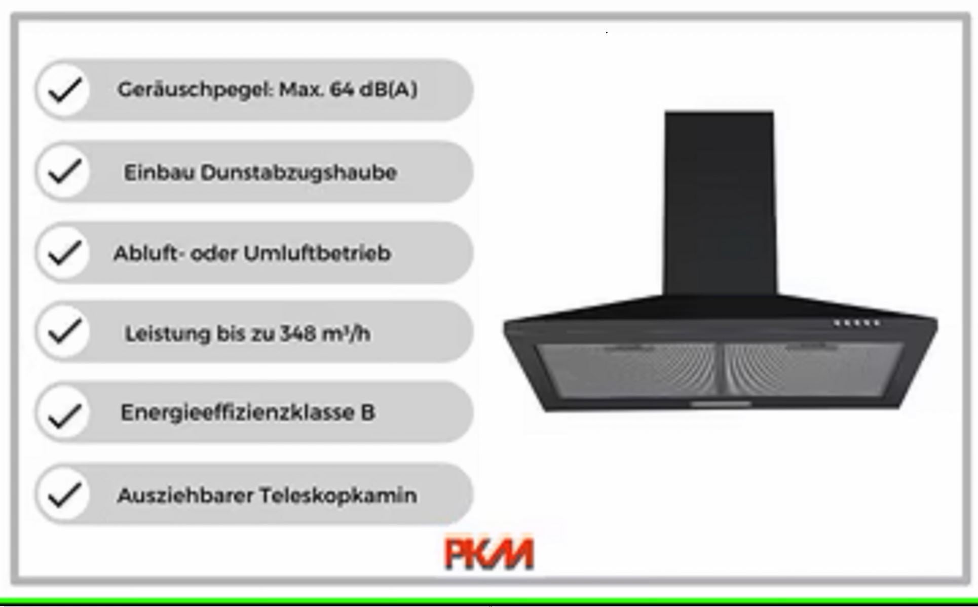 PKM Kaminabzugshaube 6091BH - 60cm, schwarz, LED, Wandesse, Dunstabzugshaube