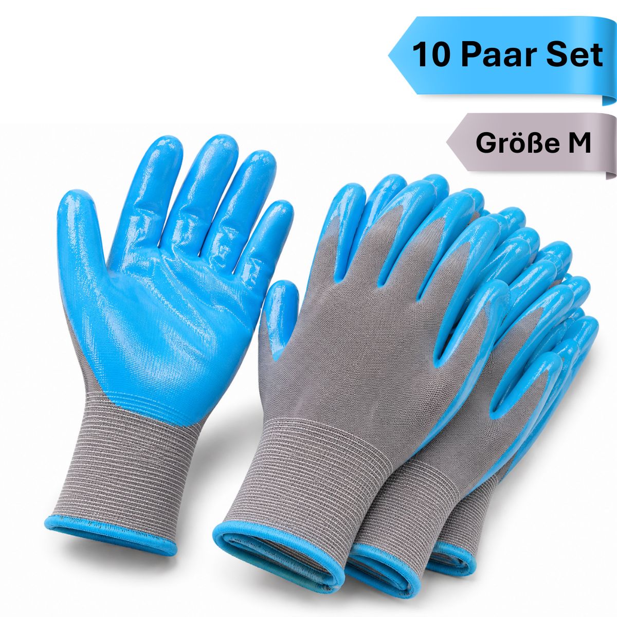 eVendix Gartenhandschuhe unisex mit Gripbeschichtung – Atmungsaktive Arbeitshandschuhe für Gartenarbeit, Pflanzen, Unkraut & Balkon – 10 Paar M Größe Blau\Grau