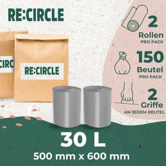 RE:CIRCLE Müllbeutel 30 Liter (50 Beutel p. Rolle) Die umweltschonende Lösung für die Abfallentsorgung