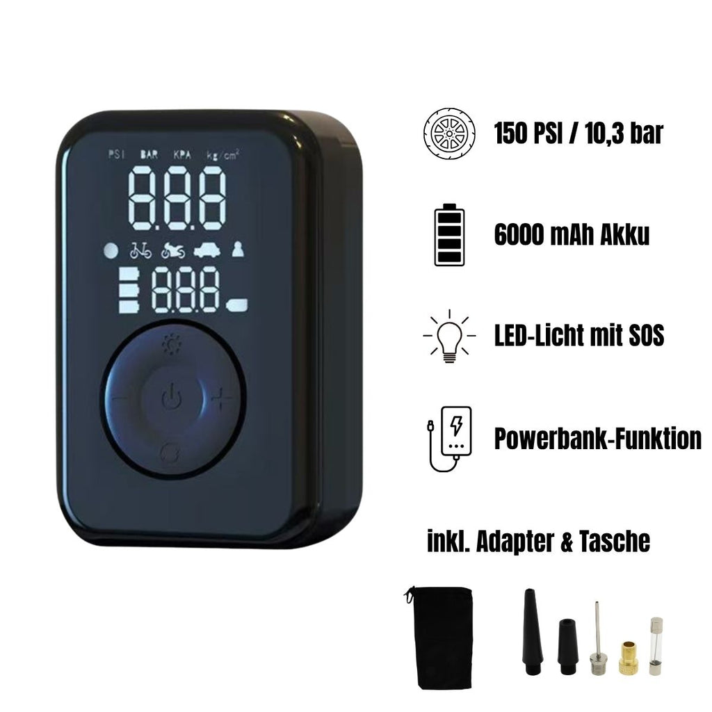 PATONA elektrische Luftpumpe 10,3 bar / 150 PSI | tragbarer Akku-Kompressor mit LED, SOS-Licht & Powerbank