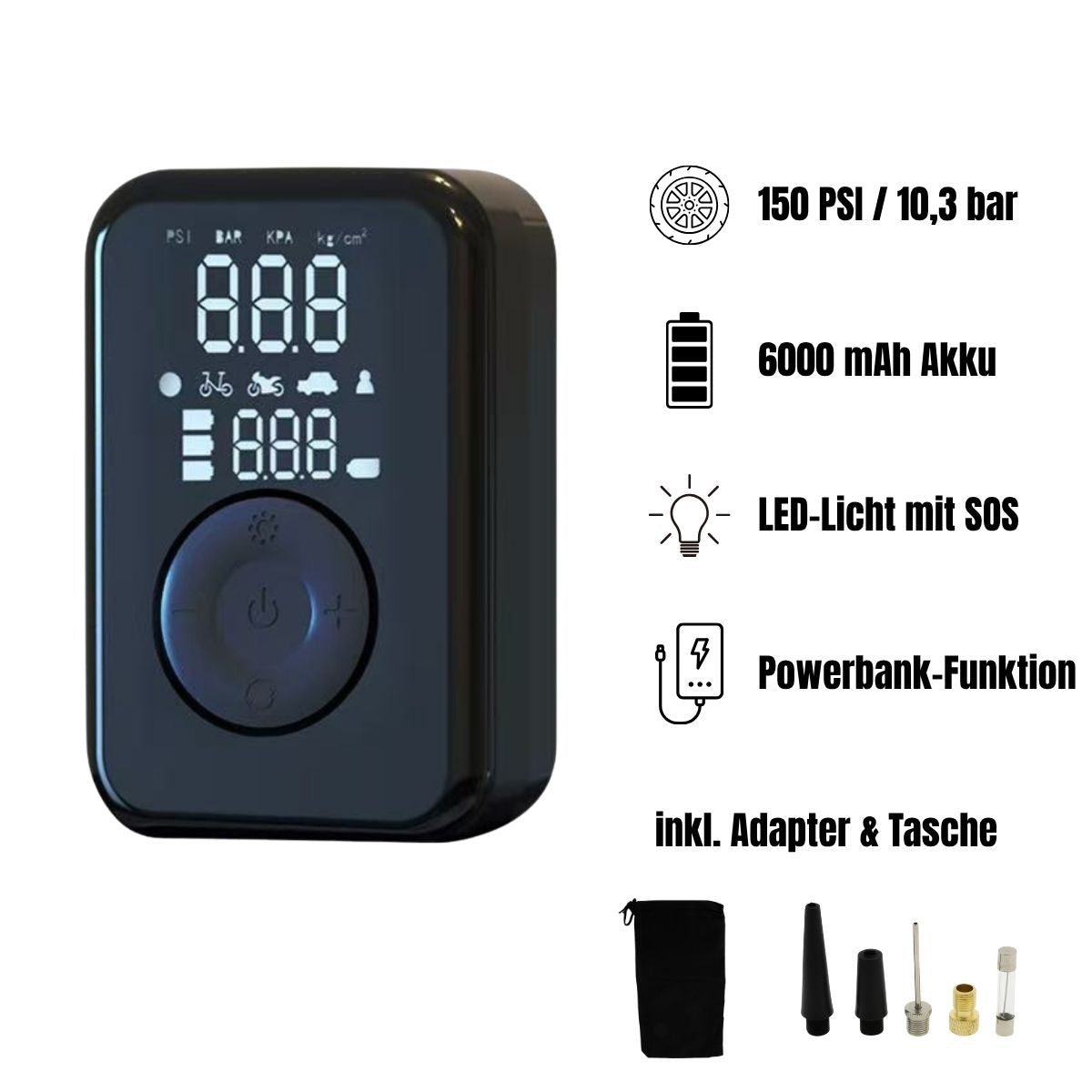 PATONA elektrische Luftpumpe 10,3 bar / 150 PSI | tragbarer Akku-Kompressor mit LED, SOS-Licht & Powerbank
