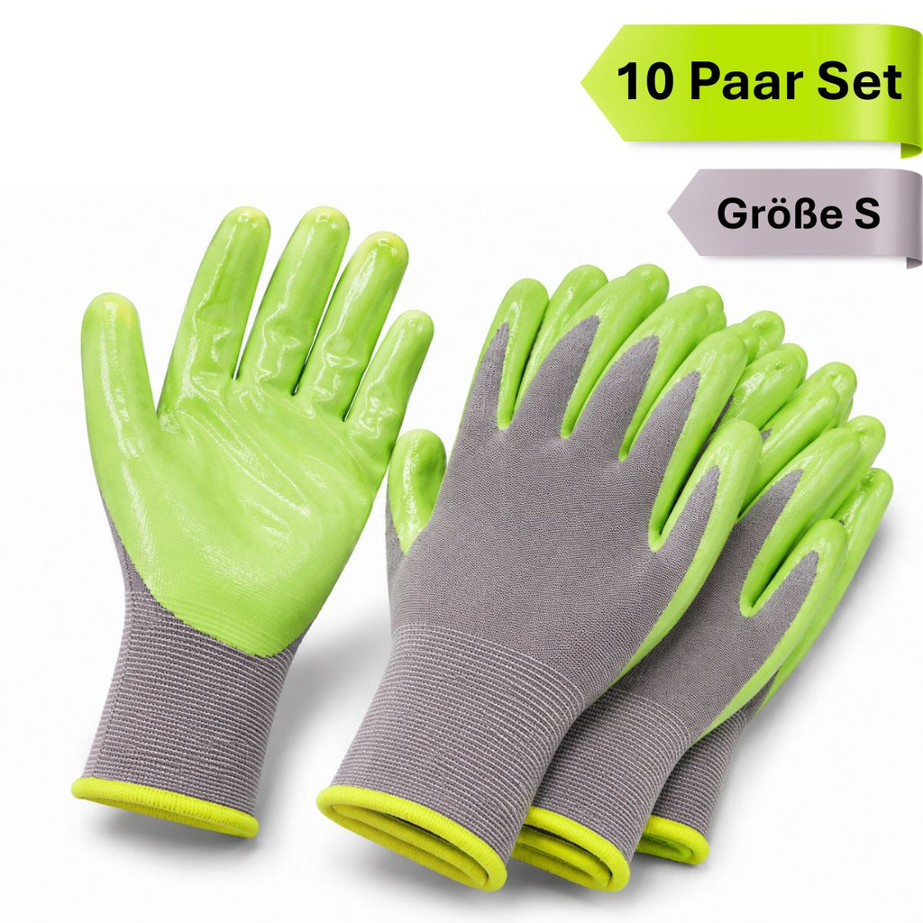 eVendix Gartenhandschuhe unisex mit Gripbeschichtung – Atmungsaktive Arbeitshandschuhe für Gartenarbeit, Pflanzen, Unkraut & Balkon – 10 Paar S Größe Grün\Grau