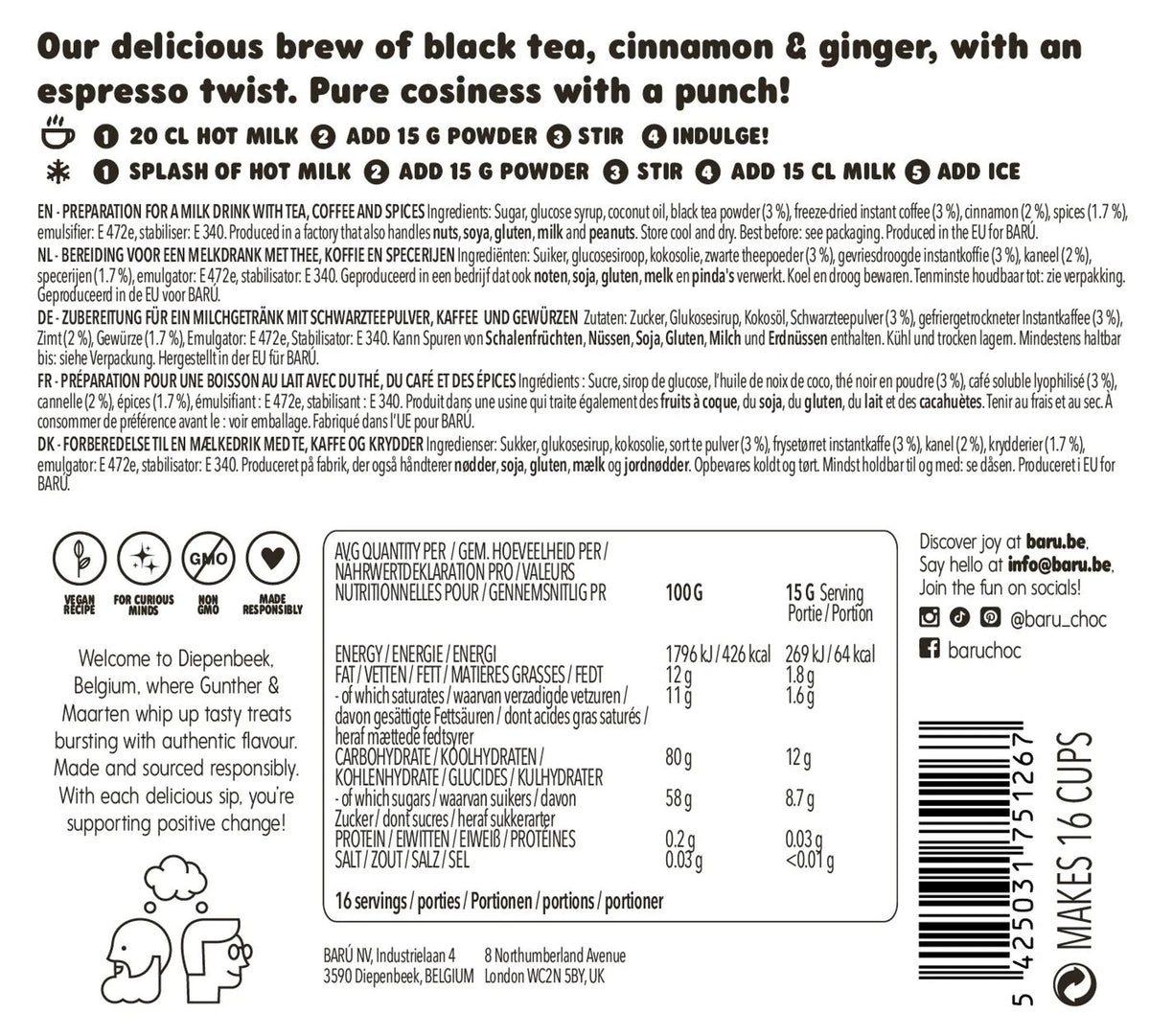 BARÚ Dirty Chai Latte Pulver 6x250 g – Chai mit Kaffee & Gewürzen