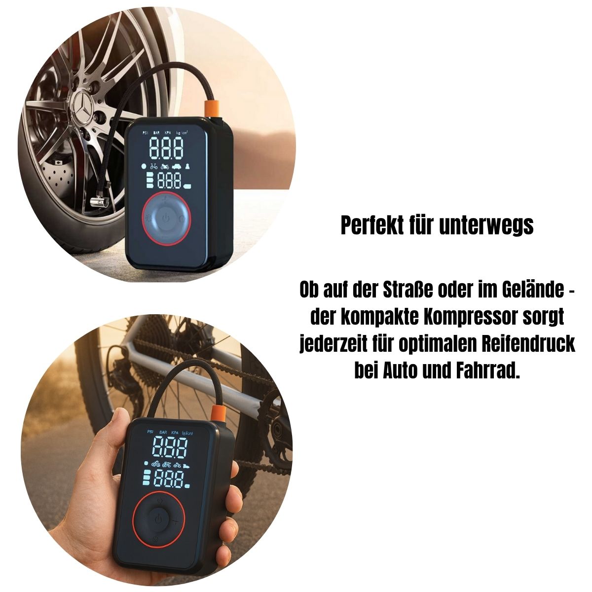 PATONA elektrische Luftpumpe 10,3 bar / 150 PSI | tragbarer Akku-Kompressor mit LED, SOS-Licht & Powerbank