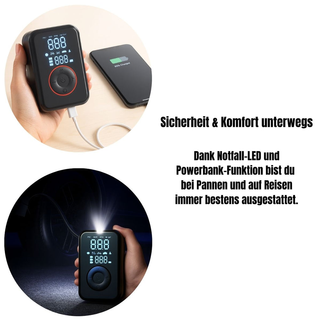 PATONA elektrische Luftpumpe 10,3 bar / 150 PSI | tragbarer Akku-Kompressor mit LED, SOS-Licht & Powerbank