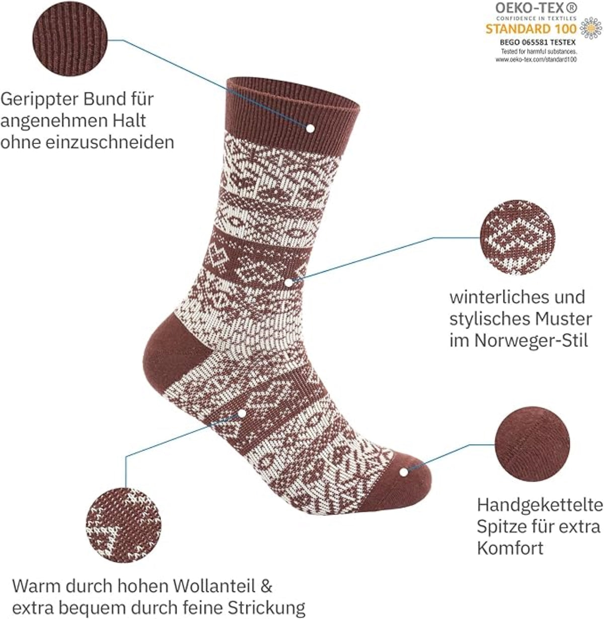 Footnote Wollsocken - 40% Wolle, atmungsaktiv und wärmend - 2 Paar (grau & rot)