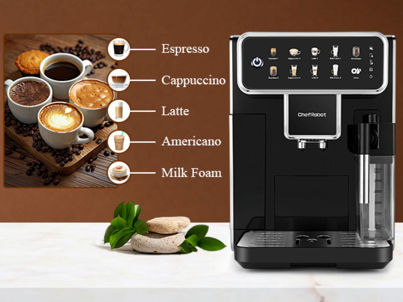 ChefRobot Kaffeevollautomat, 4 Sorten, Touchscreen, 1,5 l, selbstreinigend