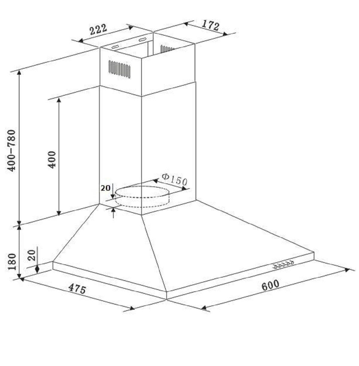 PKM Kaminabzugshaube 6091BH - 60cm, schwarz, LED, Wandesse, Dunstabzugshaube