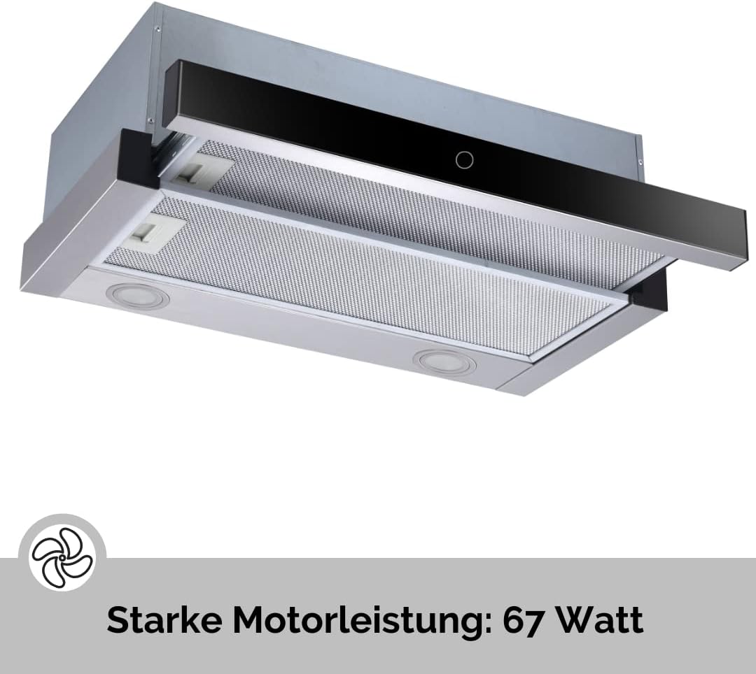 PKM Flachschirmhaube FS2-60BBGTY - 60cm, ausziehbar, Glasblende, Touch-Control