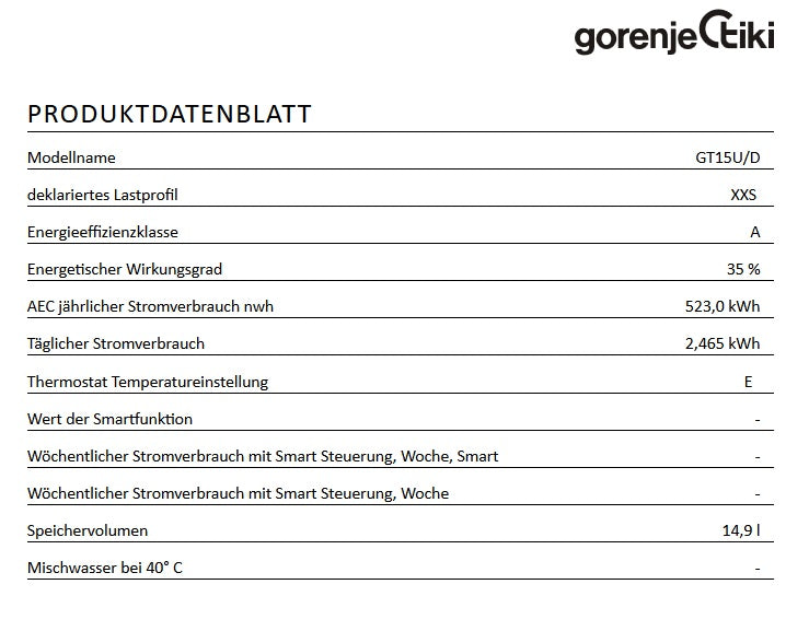 Gorenje Boiler GT 15U DRUCKFEST Warmwasserbereiter 14,9 Liter untertisch