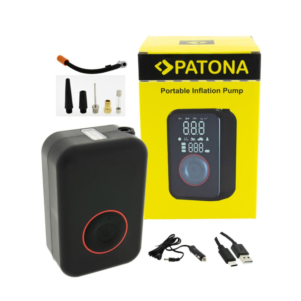 PATONA elektrische Luftpumpe 10,3 bar / 150 PSI | tragbarer Akku-Kompressor mit LED, SOS-Licht & Powerbank