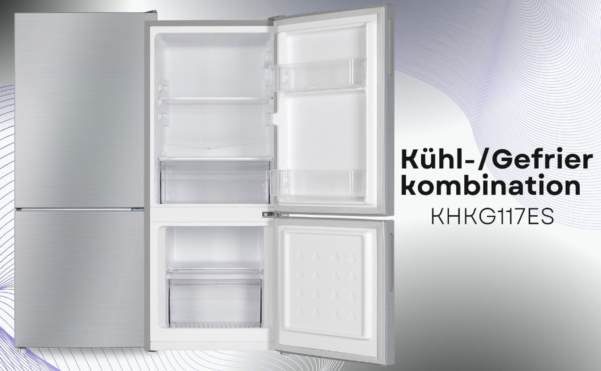 PKM Kühlgefrierkombination KHKG117ES Silber, 117 L – 4-Sterne-Gefrierfach, LED, 39 dB