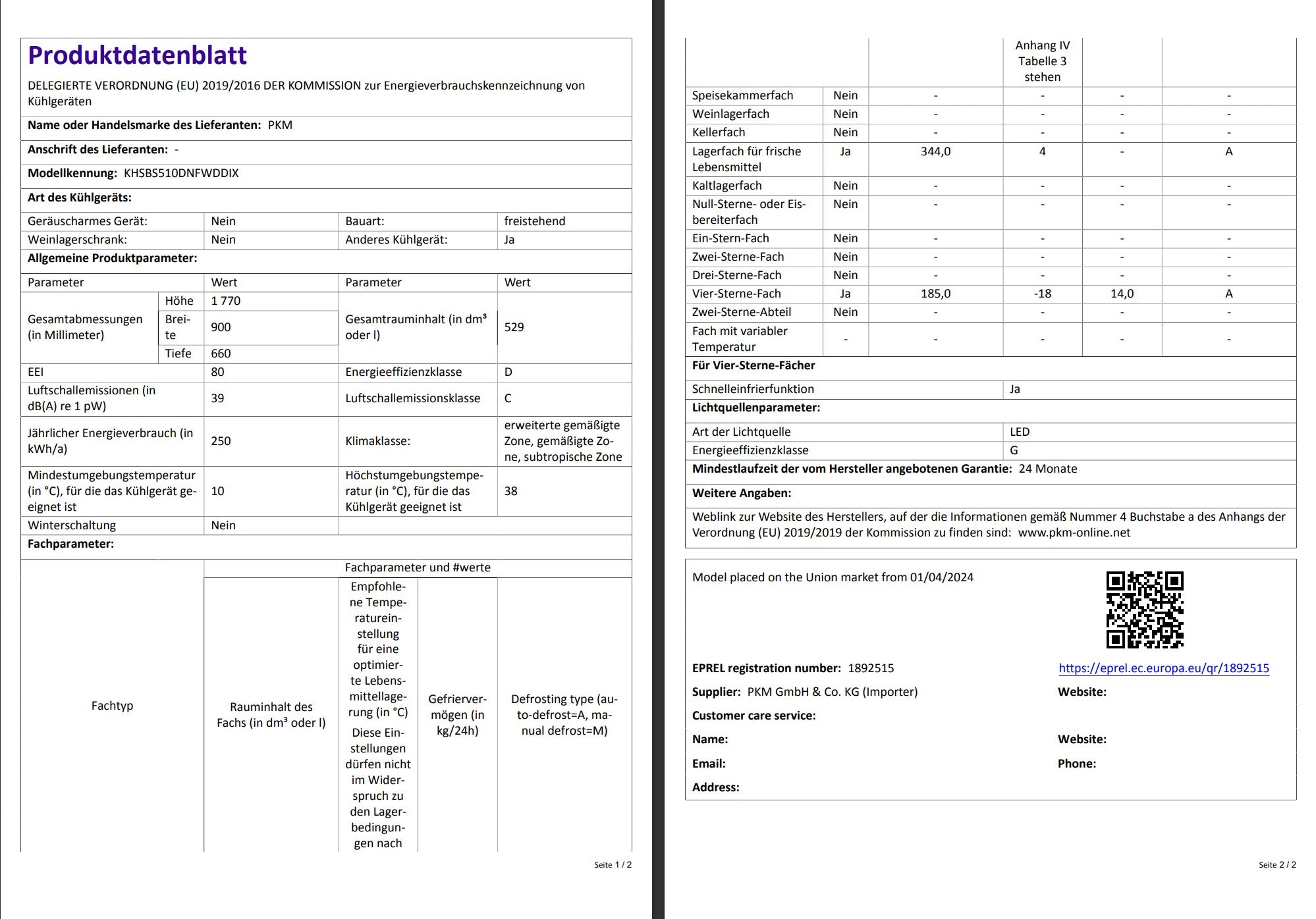 PKM Side by Side Kühlschrank KHSBS510DNFWDDIX - 529 L, Wasserspender