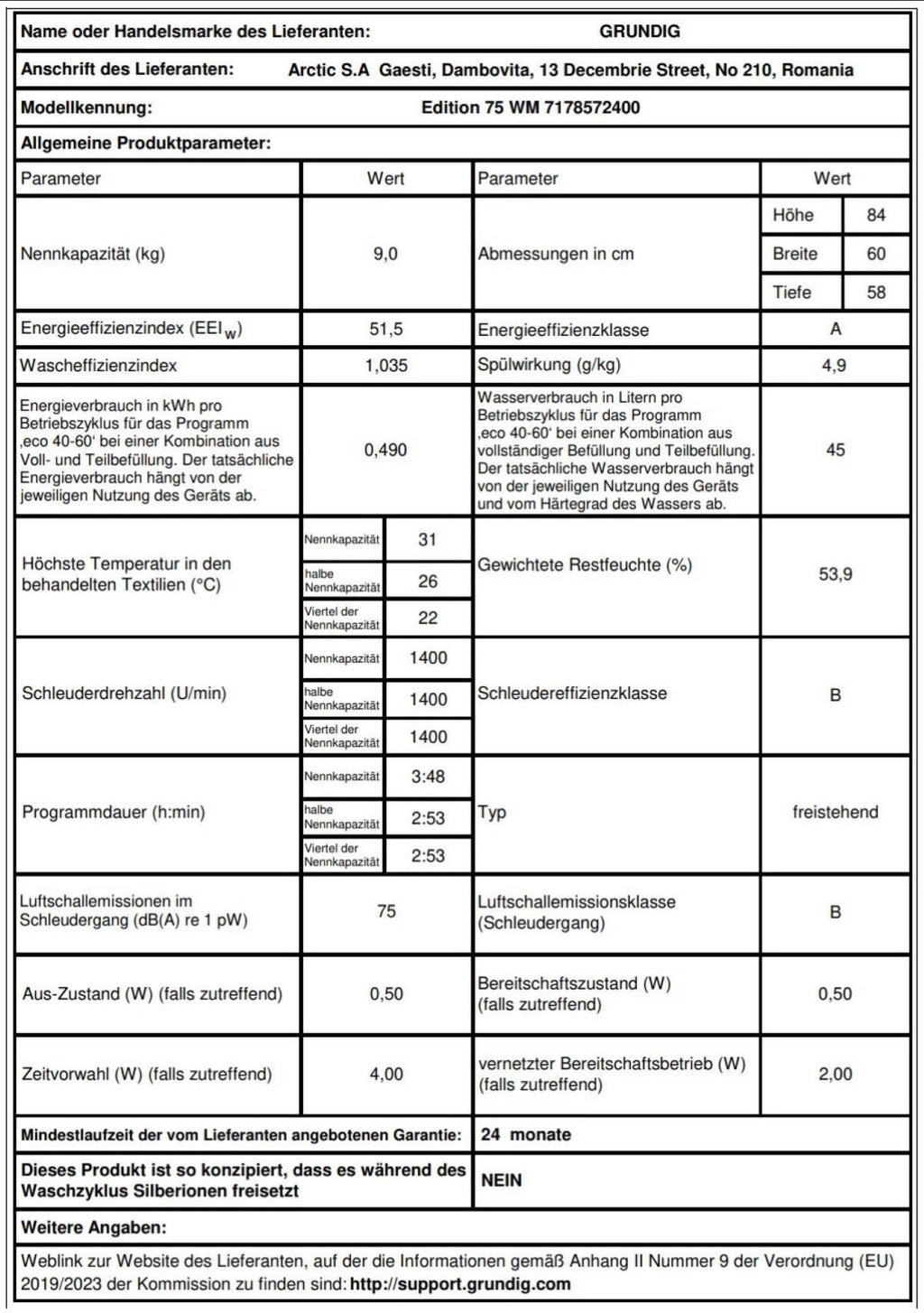 Grundig Waschmaschine Edition 75 WM 9 kg 1400 U Min Weiß