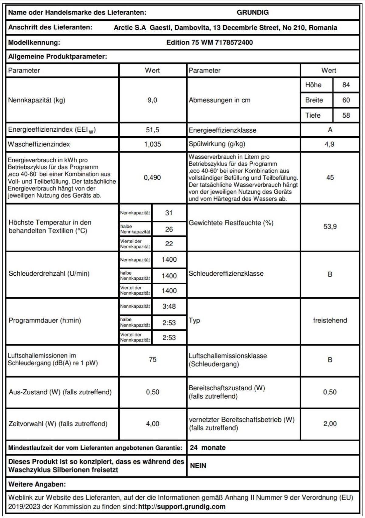 Grundig Edition 75 WM Waschmaschine 9 kg, 1.400 U/min weiß 14 Programme