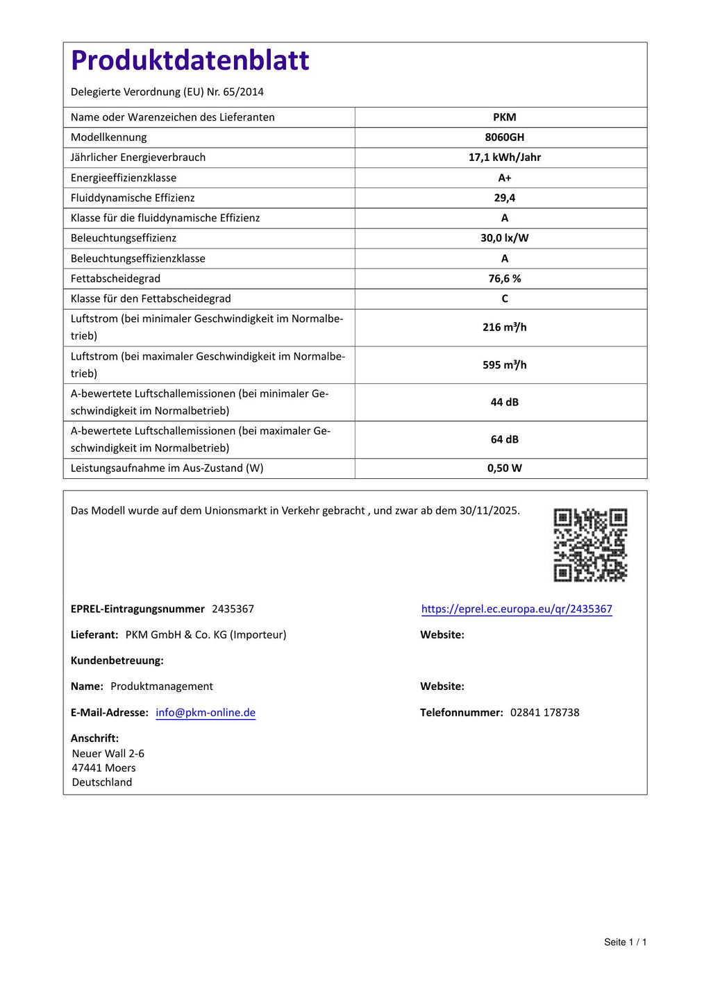 PKM 8060GH Dunstabzugshaube 60 cm Edelstahl Glas A+ 595 m³/h