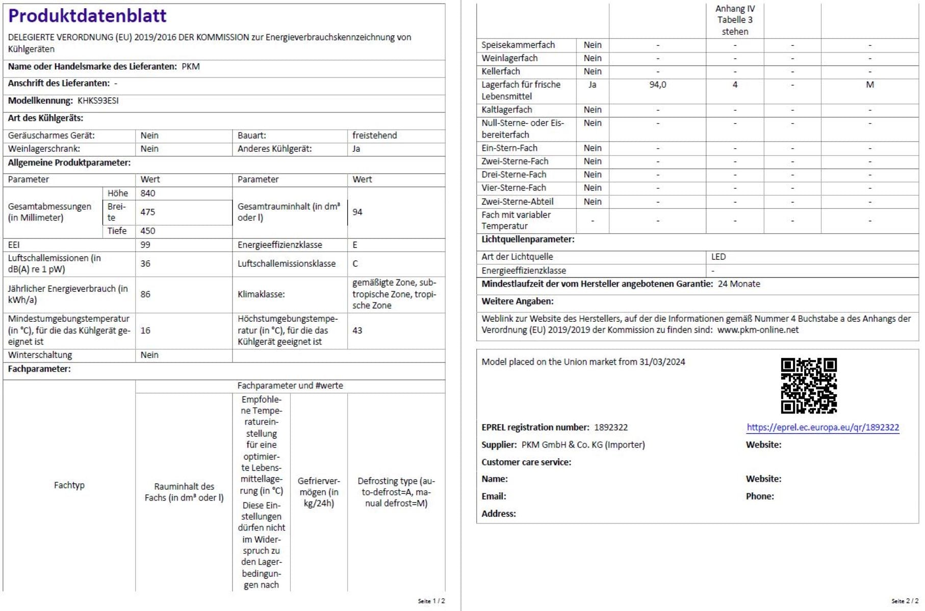 PKM Kühlschrank KHKS93ESI - silber, 94L, Freistehend, mit Kaltlagerfach, 84 cm