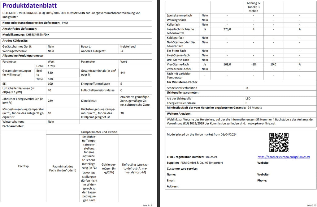 PKM Side by Side Kühlschrank KHSBS495ENFDIX - 444 L, Wasserspender, Touchcontrol