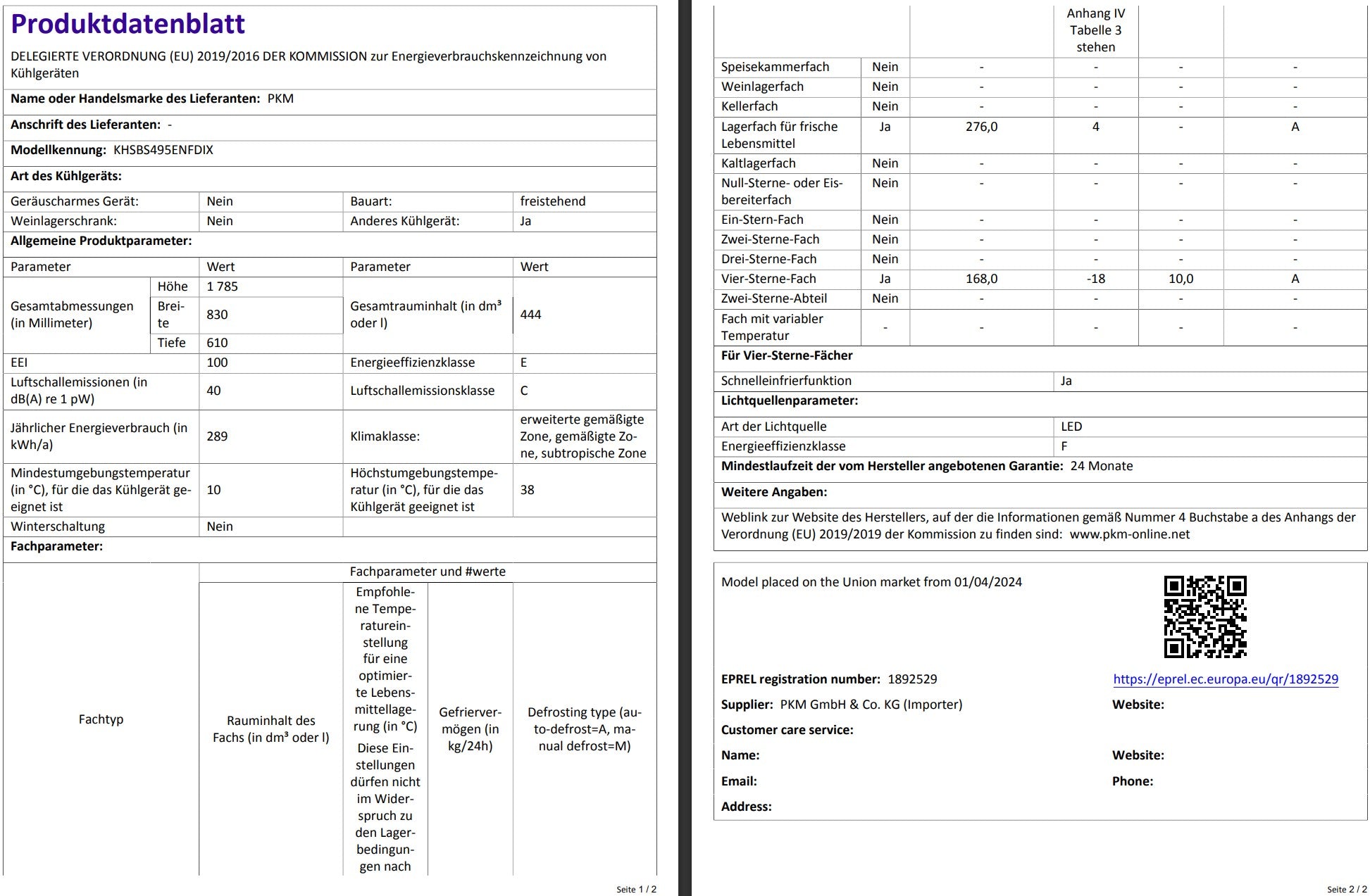 PKM Side by Side Kühlschrank KHSBS495ENFDIX - 444 L, Wasserspender, Touchcontrol