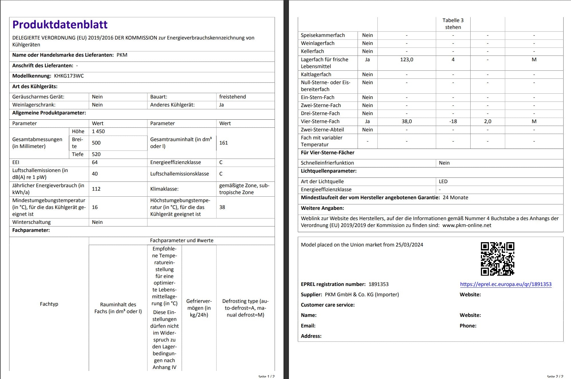 PKM Kühlgefrierkombination KHKG173WC weiß 161L Kühlschrank LED