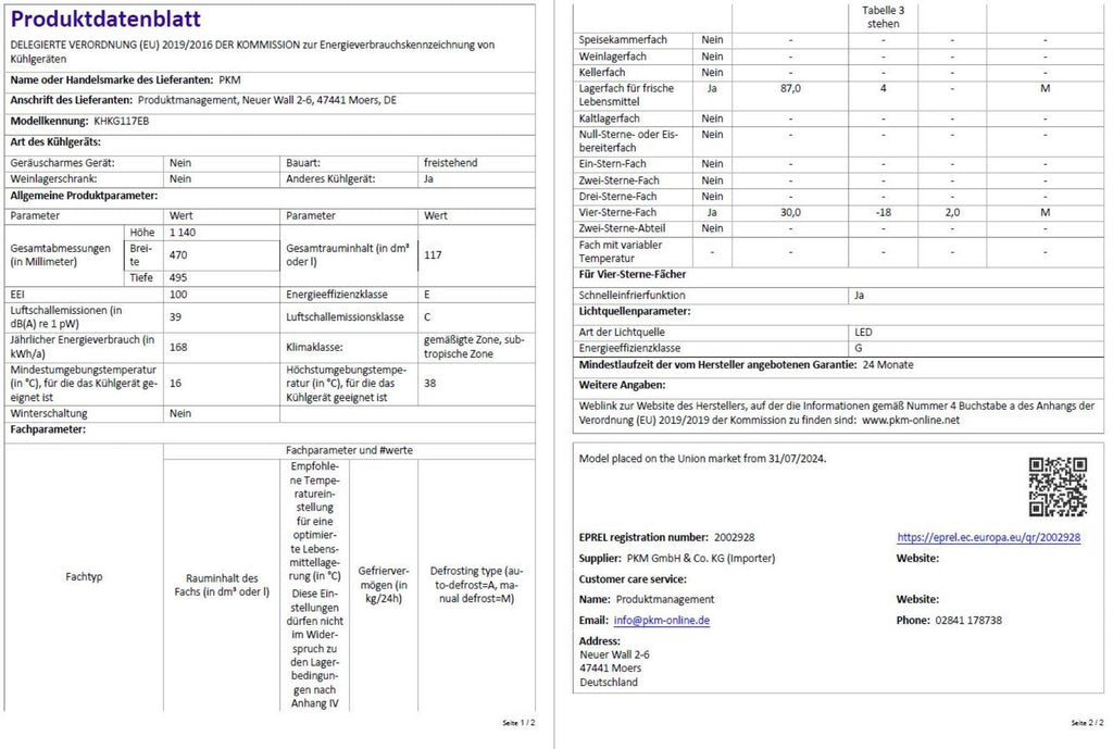 PKM Kühlgefrierkombination KHKG117EB 117 Liter Nutzinhalt, Schwarz, Nur 39 dB