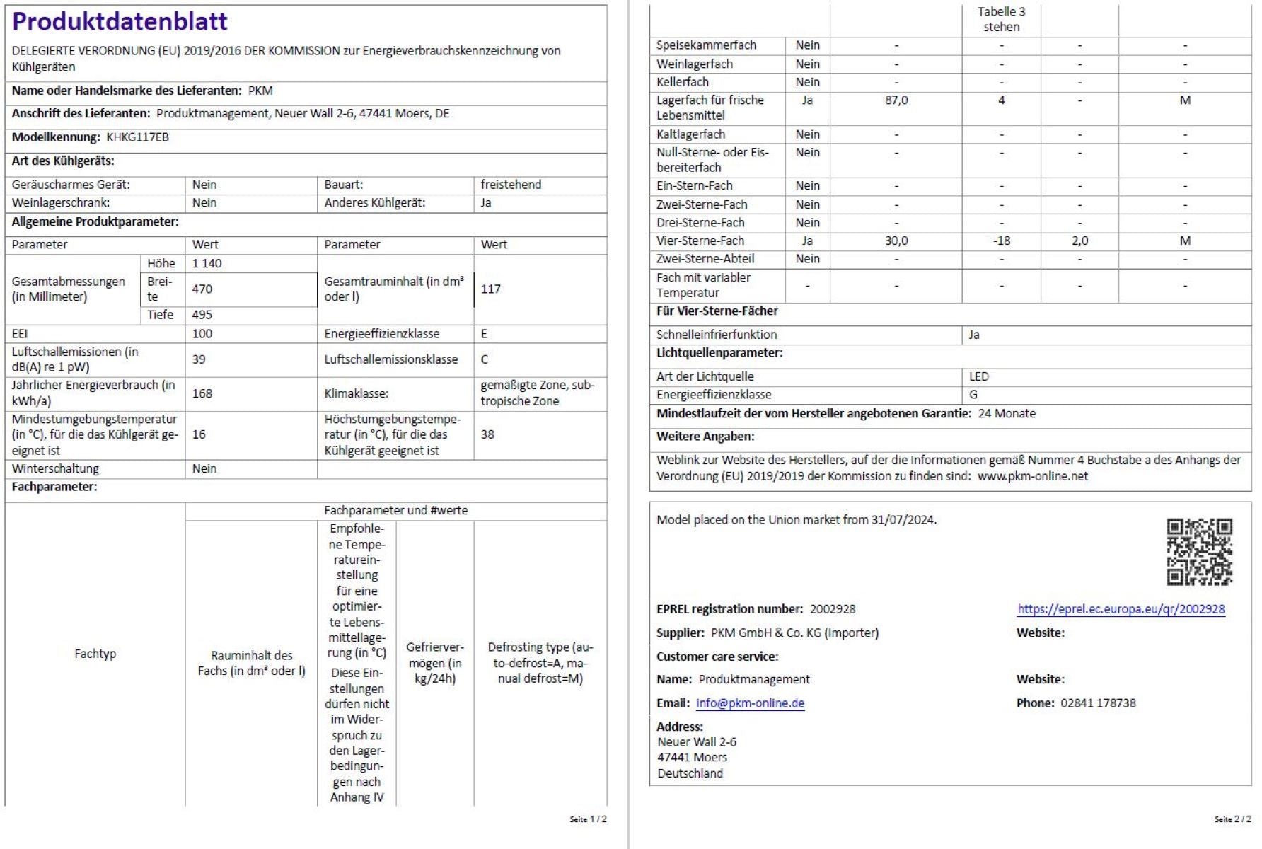 PKM Kühlgefrierkombination KHKG117EB 117 Liter Nutzinhalt, Schwarz, Nur 39 dB