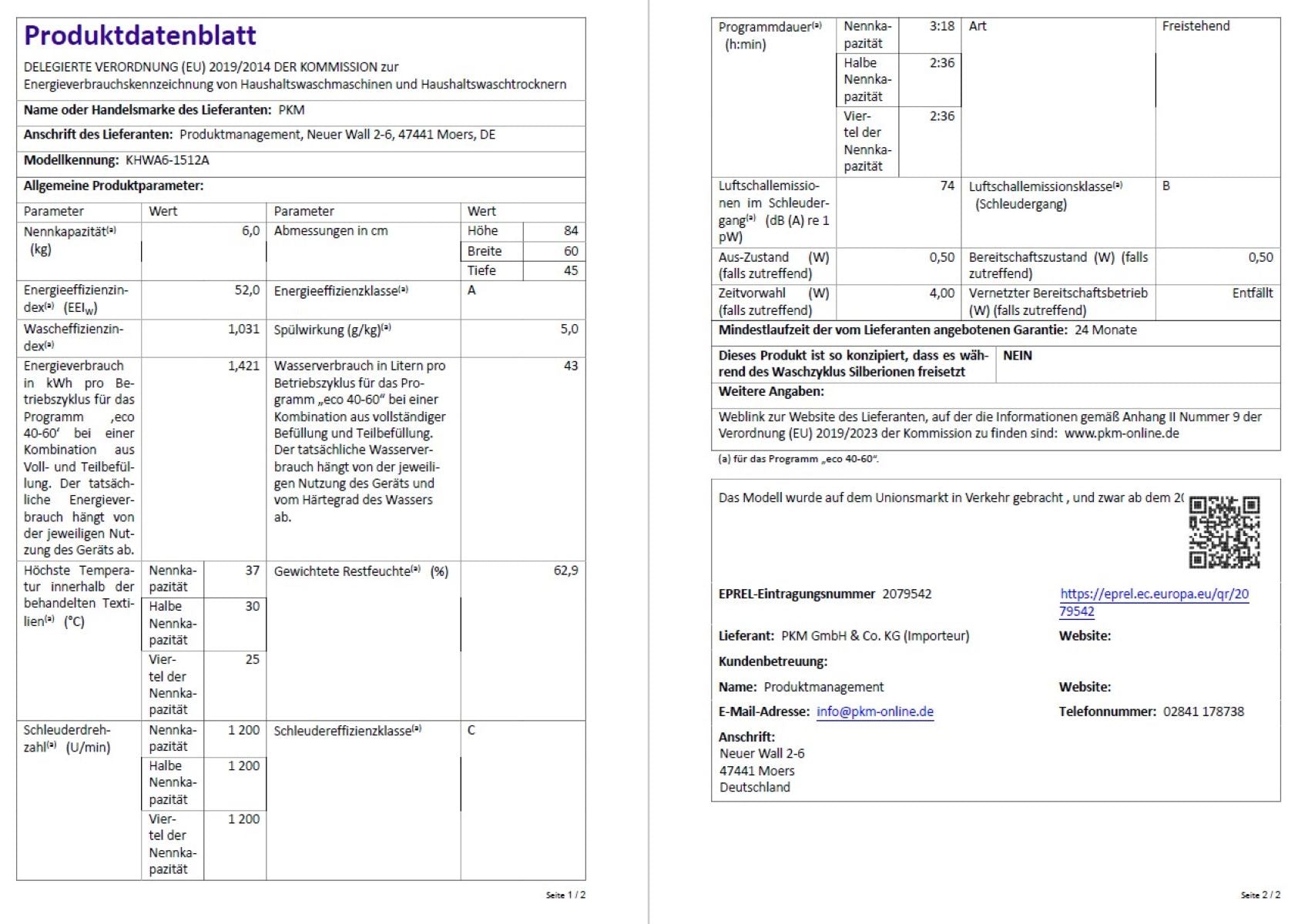 PKM Waschmaschine KHWA6-1512A freistehend mit 6 kg Fassungsvermögen