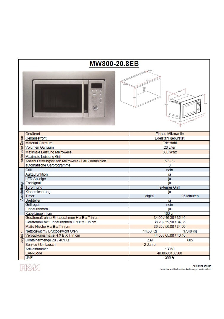 PKM Einbaumikrowelle MW800-20.8EB - Edelstahl 800Watt, 20 Liter