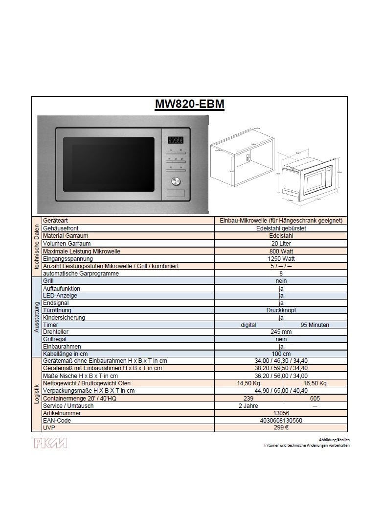 PKM Einbaumikrowelle MW820EBM - Edelstahl, 800Watt, 20 Liter
