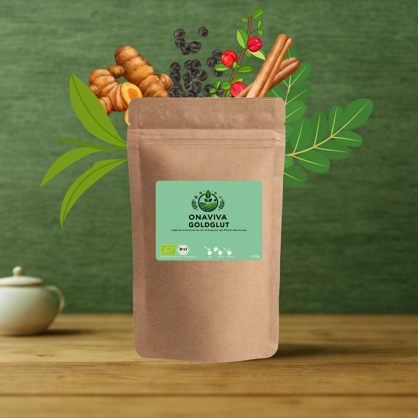 Onaviva Bio-Tee Goldglut - natürlich aromatisierter Kräutertee mit Pfirsich-Geschmack