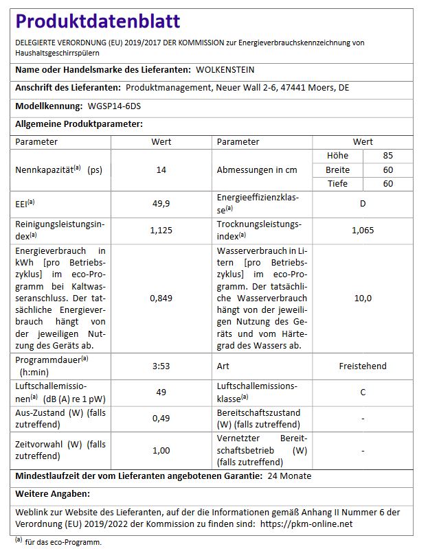 Wolkenstein Geschirrspüler WGSP14-6DS - freistehend, 60cm, silber, 14 Gedecke