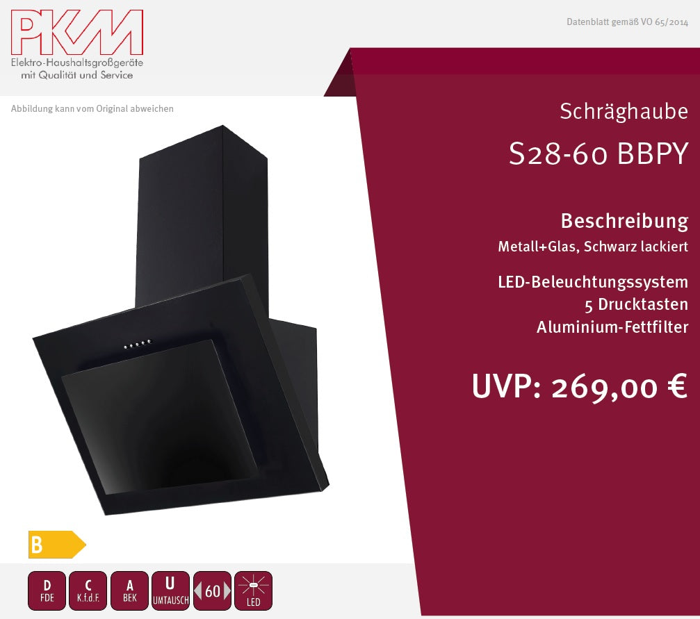 PKM Dunstabzugshaube S28-60 BBPY Glas schwarz Kopffreihaube 60cm