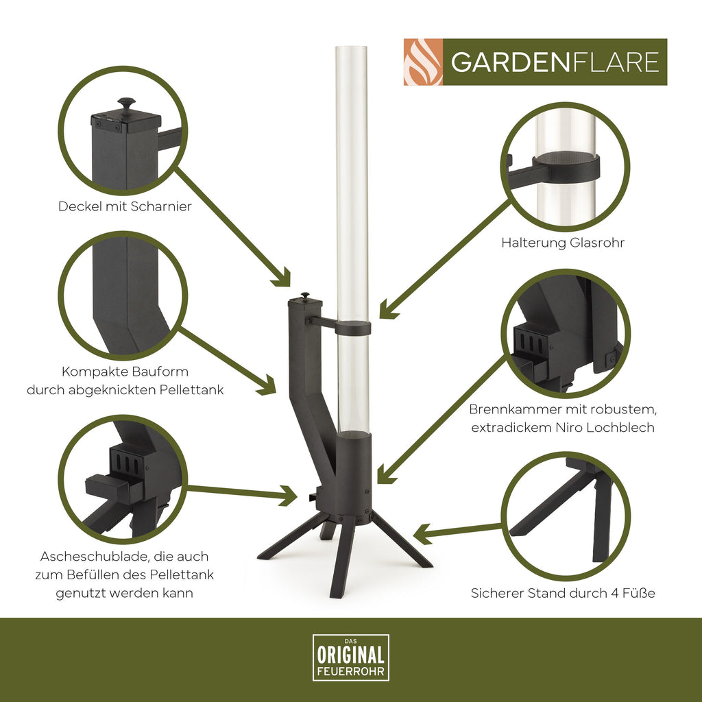 GARDENFLARE Feuerrohr aus Edelstahl in Schwarz für Outdoor-Bereiche