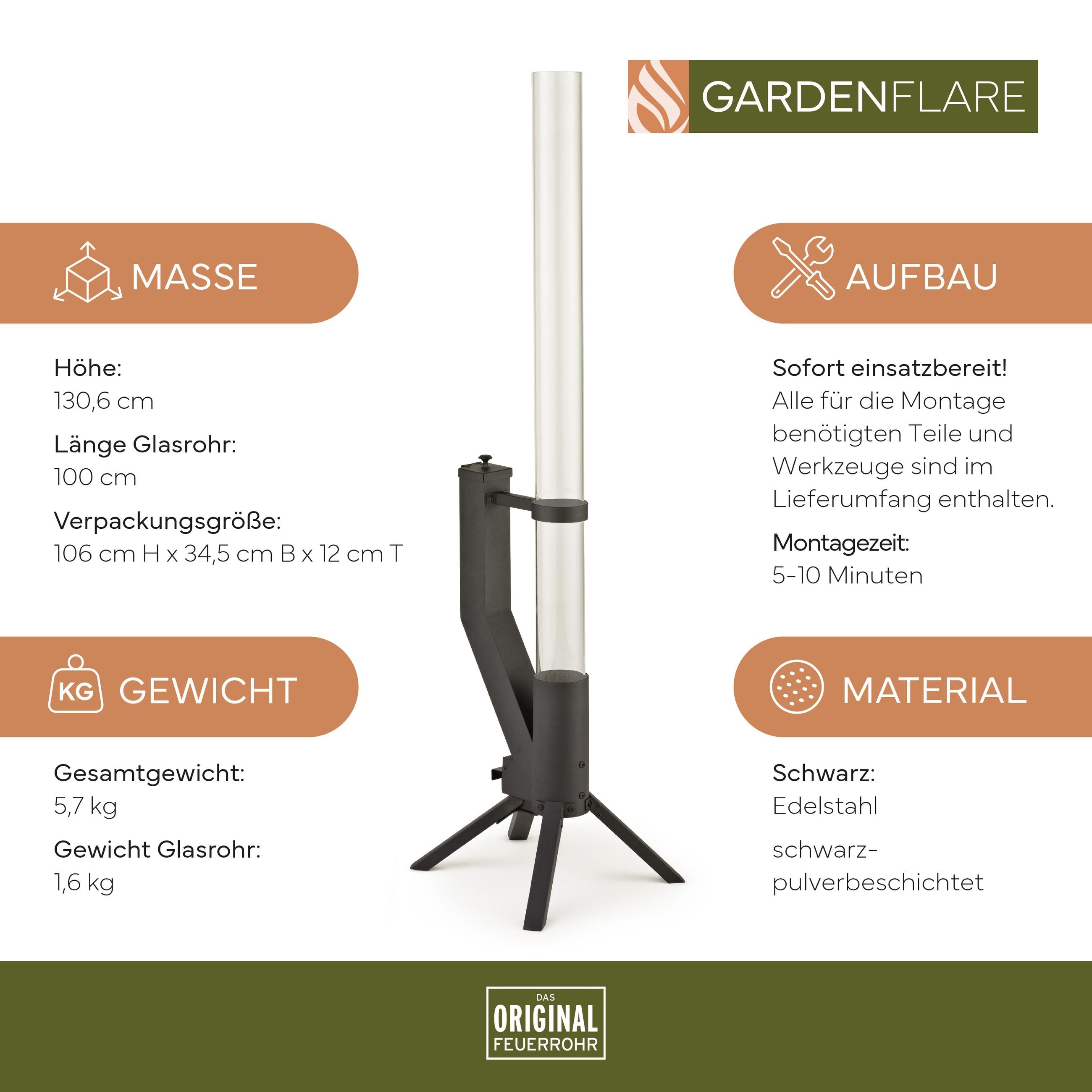 GARDENFLARE Feuerrohr aus Edelstahl in Schwarz für Outdoor-Bereiche