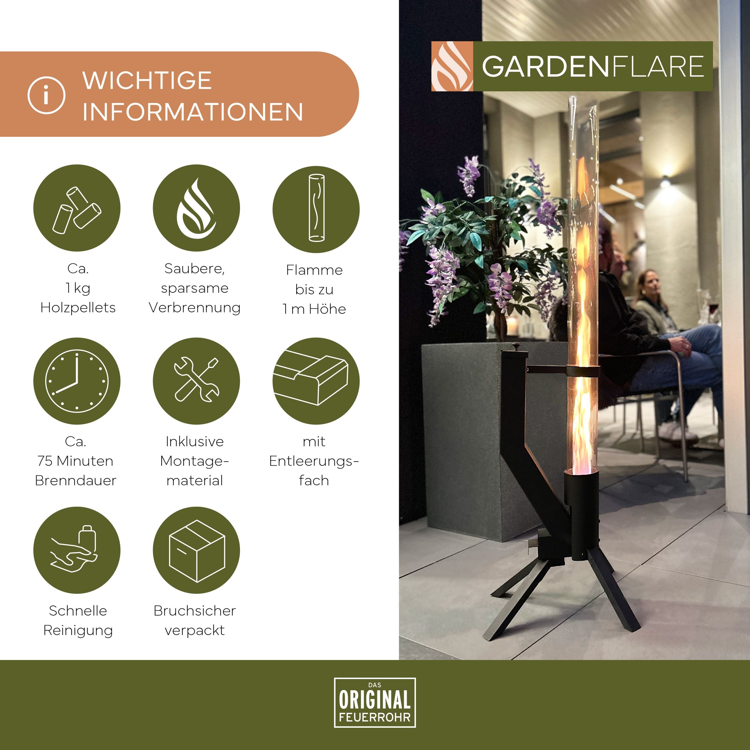 GARDENFLARE Feuerrohr aus Edelstahl in Schwarz für Outdoor-Bereiche