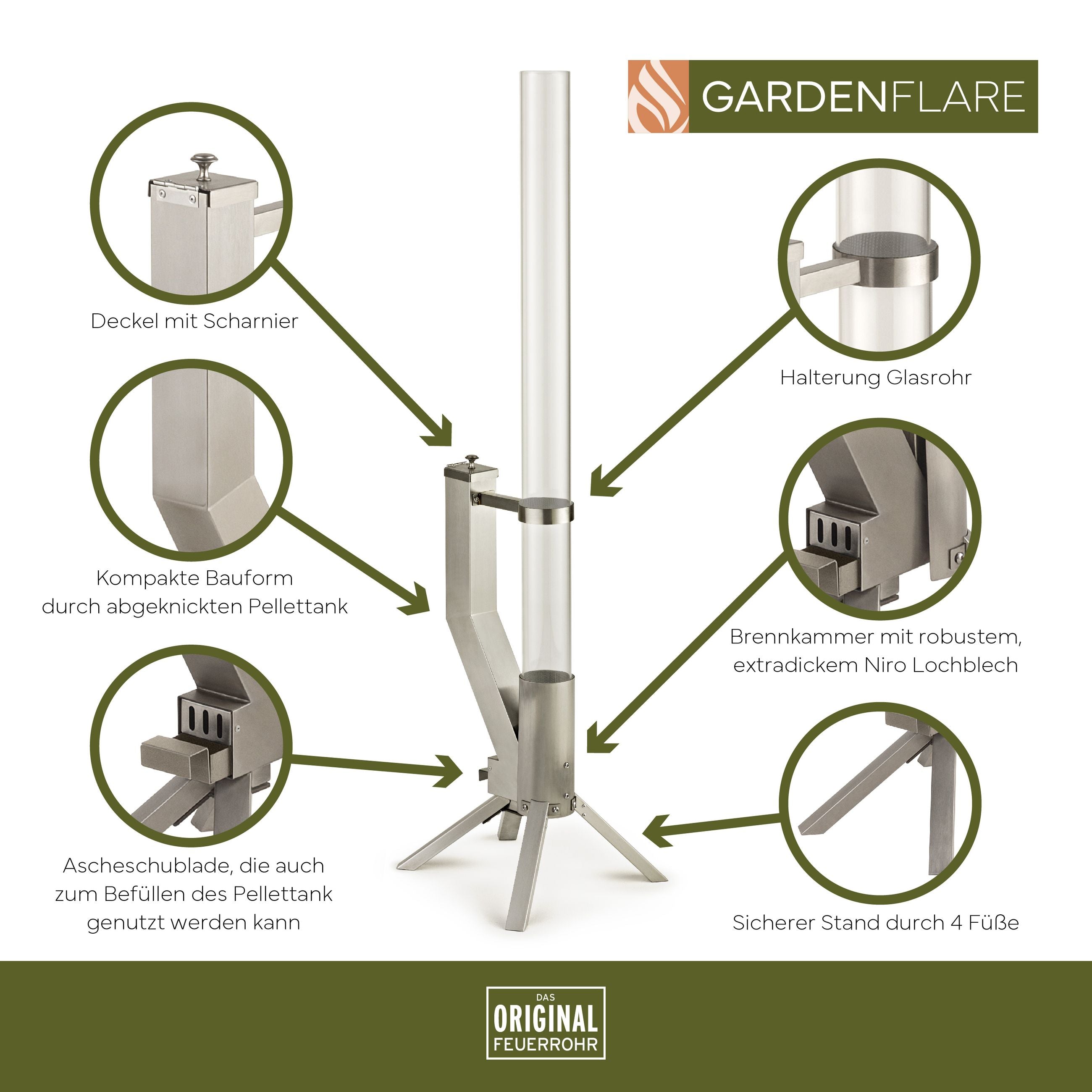 GARDENFLARE Feuerrohr aus Edelstahl in Silber für Outdoor-Bereiche