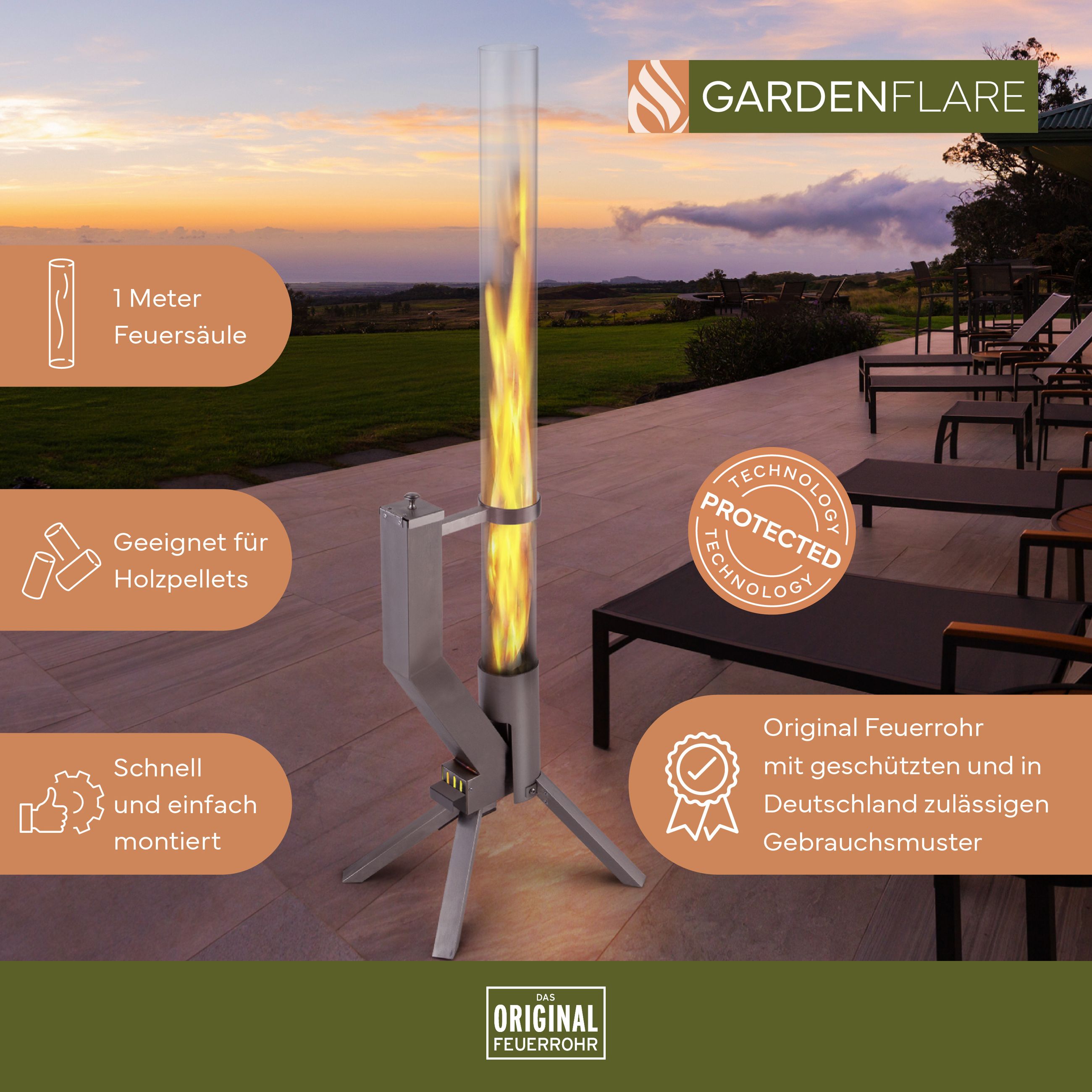 GARDENFLARE Feuerrohr aus Edelstahl in Silber für Outdoor-Bereiche