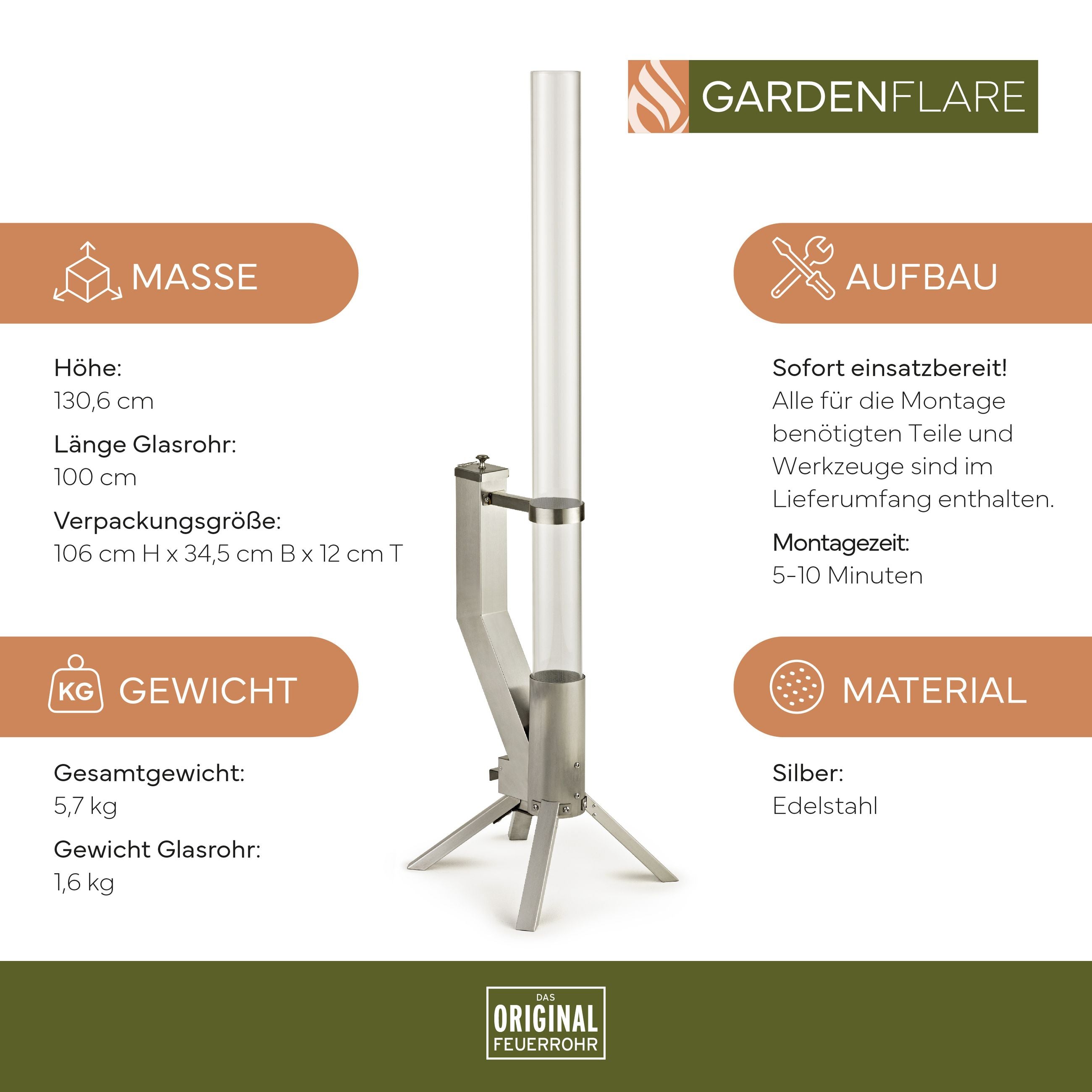 GARDENFLARE Feuerrohr aus Edelstahl in Silber für Outdoor-Bereiche