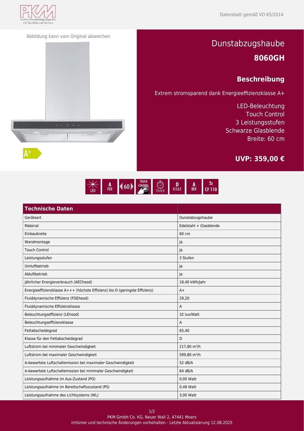 PKM 8060GH Dunstabzugshaube 60 cm Edelstahl Glas A+ 595 m³/h