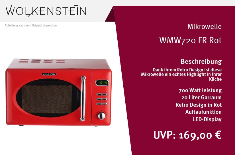 Wolkenstein Mikrowelle MW720 FRW - rot, Retro-Design, 700Watt, 20l, nostalgie