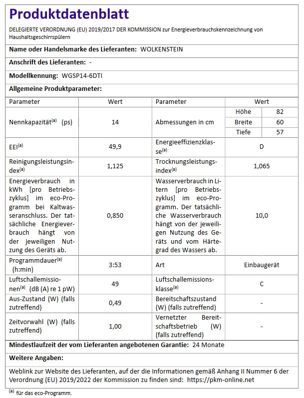 Wolkenstein Geschirrspüler WGSP14-6DTI - teilintegriert, 60cm, 14 Gedecke