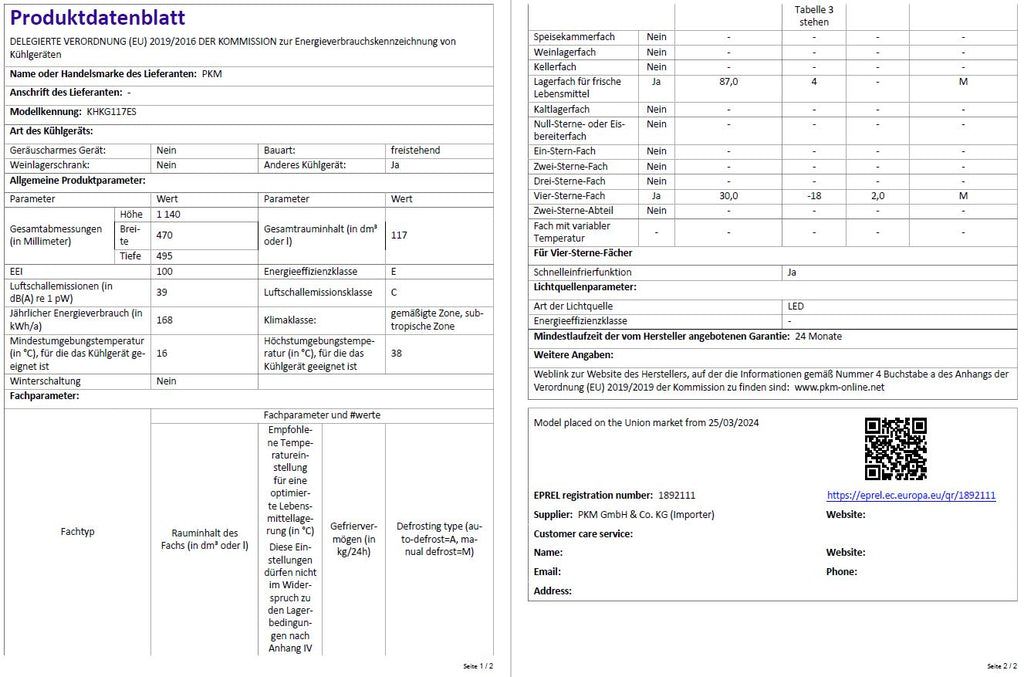 PKM Kühlgefrierkombination KHKG117ES Silber, 117 L – 4-Sterne-Gefrierfach, LED, 39 dB