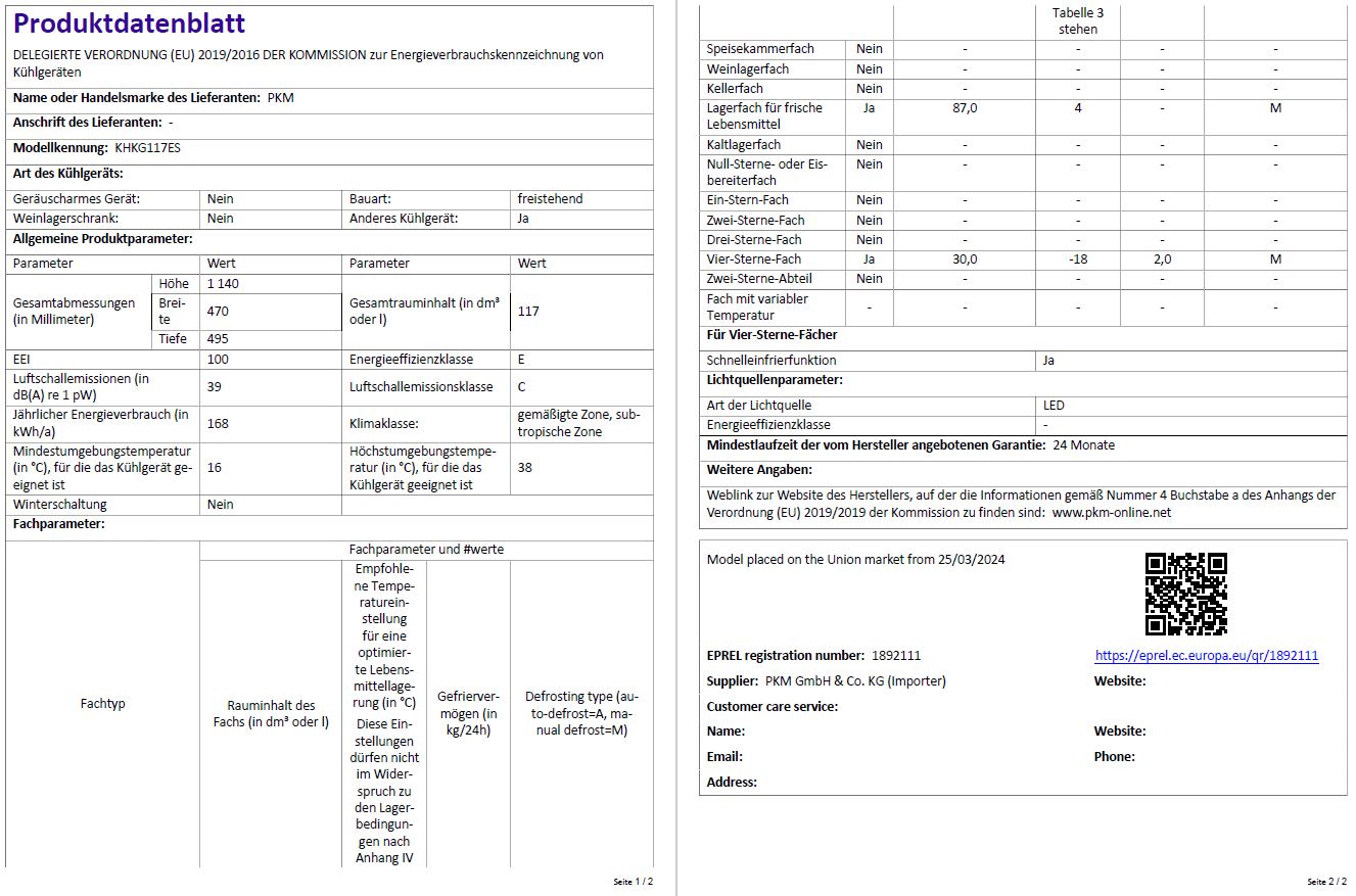 PKM Kühlgefrierkombination KHKG117ES Silber, 117 L – 4-Sterne-Gefrierfach, LED, 39 dB