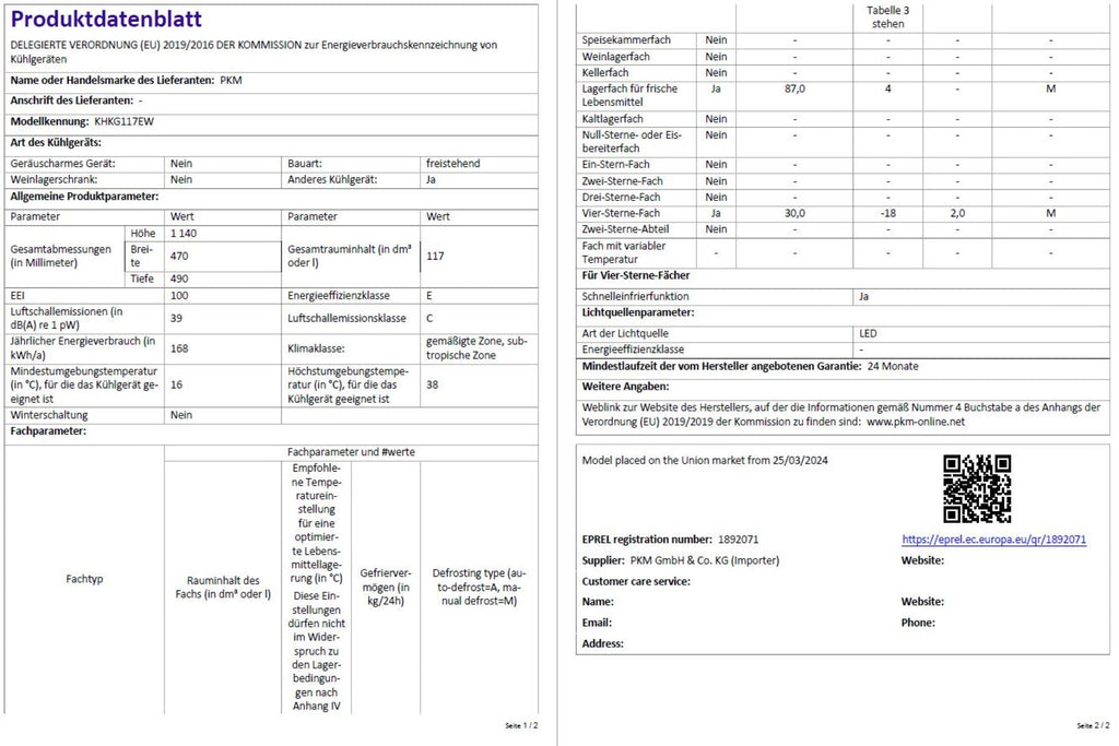 PKM Kühlgefrierkombination KHKG117EW mit Gefrierfach 117 L – 39 dB, LED, Weiß