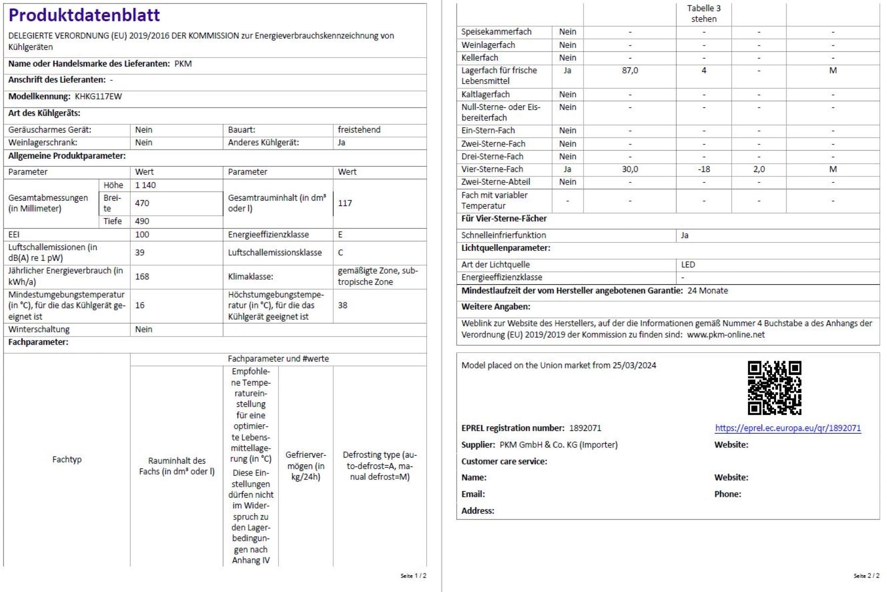 PKM Kühlgefrierkombination KHKG117EW mit Gefrierfach 117 L – 39 dB, LED, Weiß