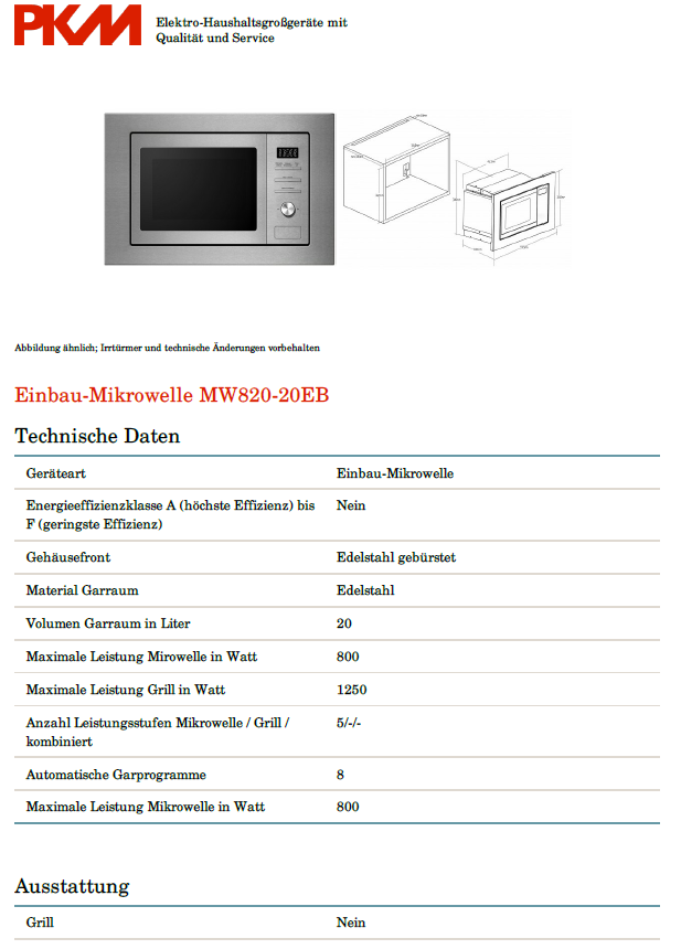 PKM Einbaumikrowelle MW820EBM - Edelstahl, 800Watt, 20 Liter