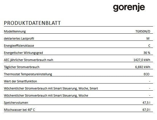 Gorenje Boiler TGR50 N/D 50 Liter, Warmwasserbereiter, DRUCKFEST Thermostat ECO